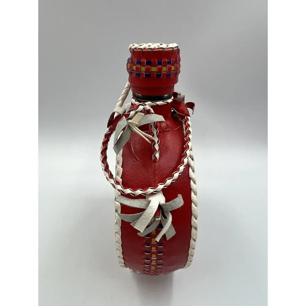 Vintage Leather‎ Braid Wrapped Covered Bottle/Decanter Hearts Red Folk Art